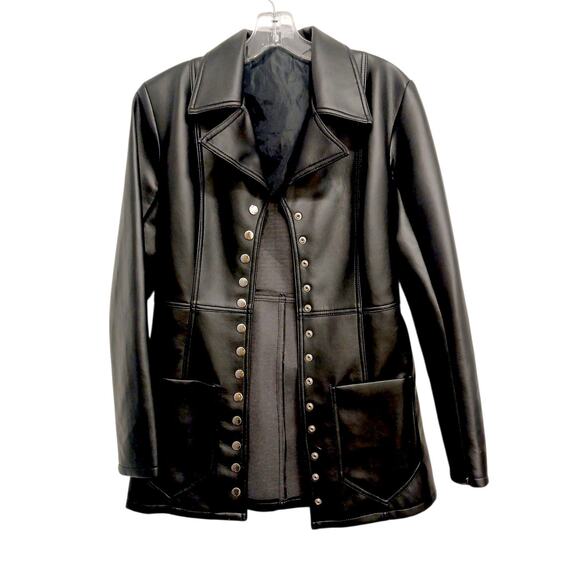 Louise Paris Faux Leather Jacket Sz S Black Mid Snaps Pockets Back Belt Modern - Picture 2 of 14